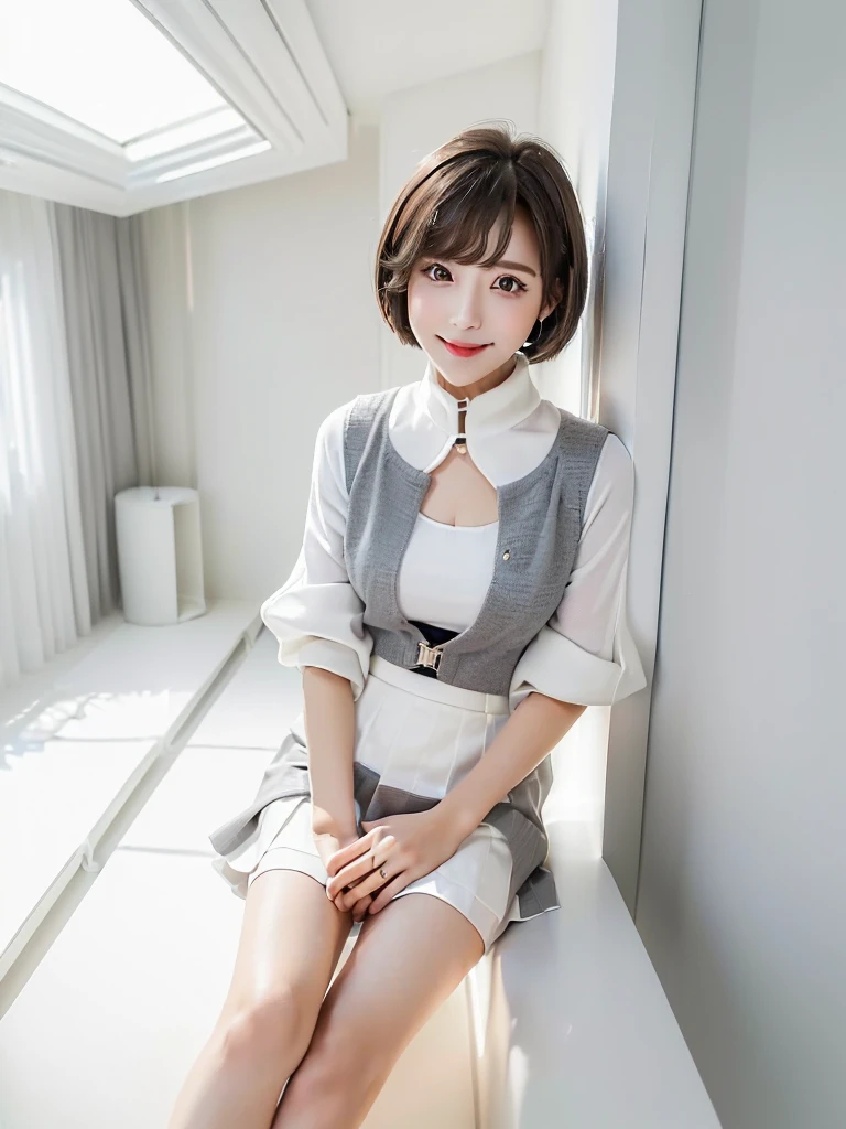 (Highest quality、masterpiece:1.9)、((Neat and clean female college student、1 person))、Soft lighting by a professional photographer、Natural light、((Very spacious white luxurious room:1.6))、((Bright white room:1.6))、(Sitting on a very luxurious white bed:1.2)、(White Bookcase:1.1)、Natural soft light、((Black Hair:1.1))、Fair skin、Detailed Eyes、double eyelid、Slightly puffy cheeks、((Small Face:1.0))、((Check One Piece、Grey mini skirt、Please wear it with the chest open.:1.1))、(smile)、((Girly pose 1.8))、High resolution,、((Short Hair:1.2))、((Full Body Shot:1.2))、Live-action image quality、((Height: 150cm))、Hands in front、Hide your hands between your legs、(bangs:1.1)、