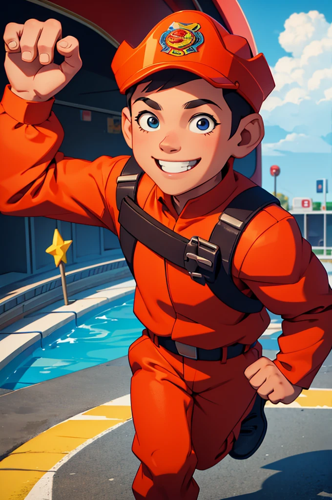 An animated image of a 3 year old boy named Alex wearing a firefighter costume with a smiling face