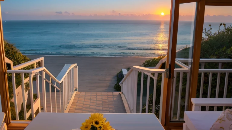 Highest quality,masterpiece,Sea at dawn,Morning sun,View from the seaside house,Real,