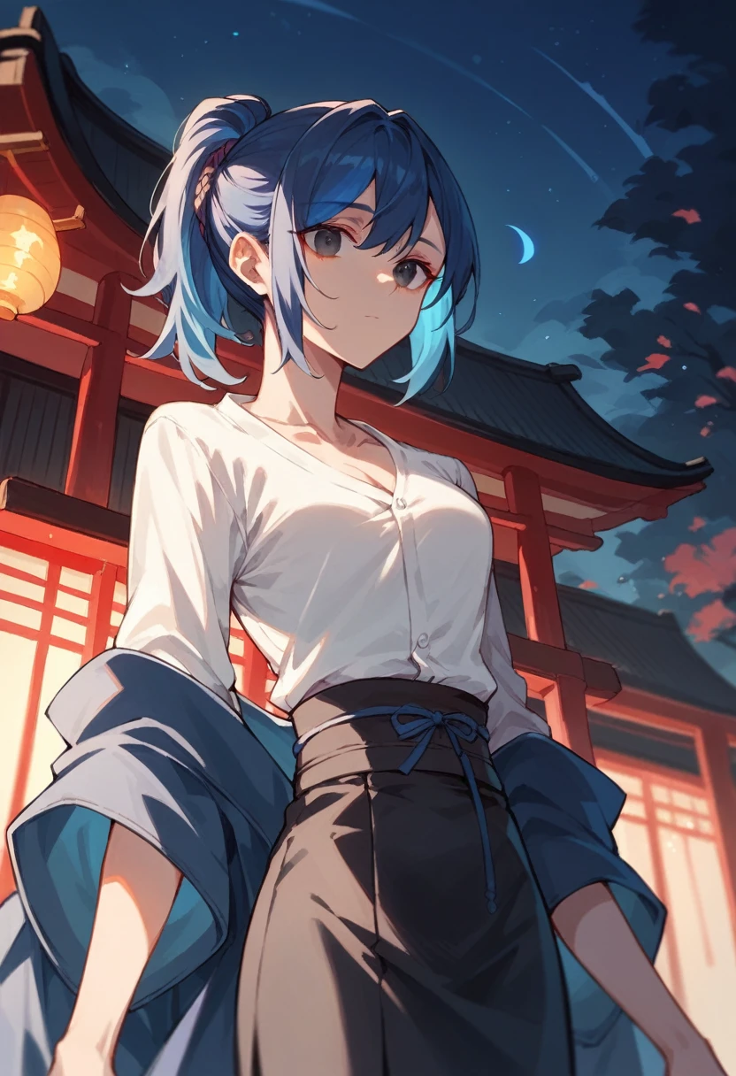 (One Girl,Midnight blue color hair,Her hairstyle is a ponytail, Dark eyes,Medium chest,Dynamic Angle)Coat of blue,White shirt,Black Skirt,Japanese shrine with night background,