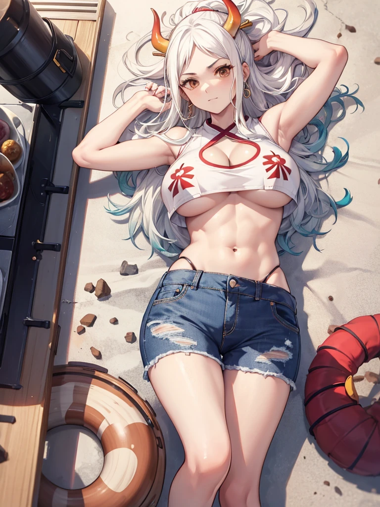 yamato, white hair, brown eyes, crop top, lying down, arms above head, (midriff), jeans shorts, (armpits), cleavage, teasing, large breasts, (underboob), muscular