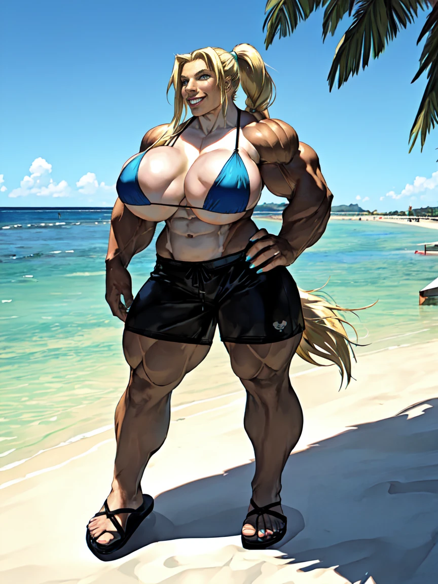 furry, female, wolf, (huge muscles:1.3), broad shoulders, thick arms, thick thighs, curvy, big breasts, (two toned fur, brown fur, white fur), (blonde hair, long hair, straight bang, hair in a ponytail), blue eyes, (wears blue bikini and black shorts and sandals), full body, smile, standing, detailed background, beach, lighting, background