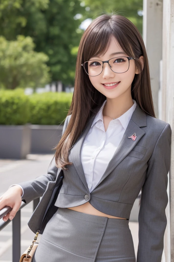 masterpiece、Highest quality、Very detailed、An illustration、Beautiful details、One Girl、cute、Detailed landscape、Library Background、Beautiful Hairstyles、Perfect Anatomy:1.4,4K resolution,((Grey suit)),Smiling,(Ultra-realistic), (最高のAn illustration), (Increase the resolution), (8k), (masterpiece), 1 girl, ((The front hair is up)), Slender body, Smile,(Slender girl),(Slim girl),Virtual Girl Lynn,((Tight mini skirt)),Glasses