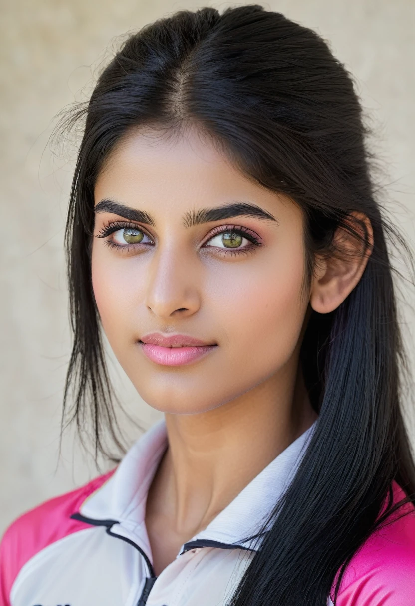 Beautiful female, cricket player, fit, athletic, teen, tall, abs, Pakistani girl, beautiful long straight black hairs, (white alabaster skin:1.5), white skin, pale skin, pink face, cute. (Face focus, portrait, detailed face)