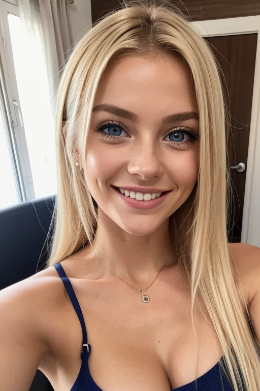 fille blonde aux yeux clairs selfie qui sourit