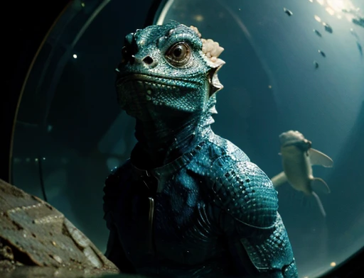 The astronaut is in front of the creature, The humanoid being is a hybrid of a lizard and a fish, this being is watching, fotografia de Corpo completo imagem de corpo inteiro. Environment overview.
