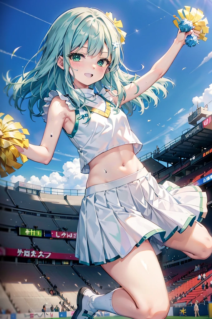 index, index,Silver Hair, (Green Eyes:1.5),Long Hair, (Flat Chest:1.2),Grin,tooth,Daytime,Clear skies,
,(cheer leading), (whole body), Lower, (Sweaty), Sweaty Wet Clothes, (White clothes),No sleeve, Pleated skirt,Black socks,sneakers, Belly button support, playground, (Jump), (Jump), 足を曲げてJumpする, air, blue sky, Grass原, smile,Cheerleader, Pom-pom \(cheer leading\)have, Grass, smile, whole bodyがイラストに入るように,
break looking at viewer, whole body,(Cowboy Shot:1. 5) ,
break indoors, Stadium,crowd, people々々,
break (masterpiece:1.2), Highest quality, High resolution, unity 8k wallpaper, (shape:0.8), (Fine and beautiful eyes:1.6), Highly detailed face, Perfect lighting, Highly detailed CG, (Perfect hands, Perfect Anatomy),