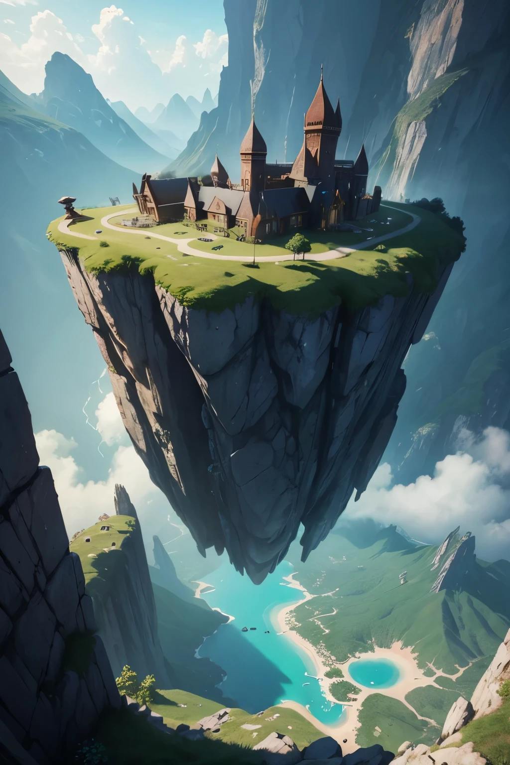 A floating city with a wall that's floating in the mountain area in a fantasy world.