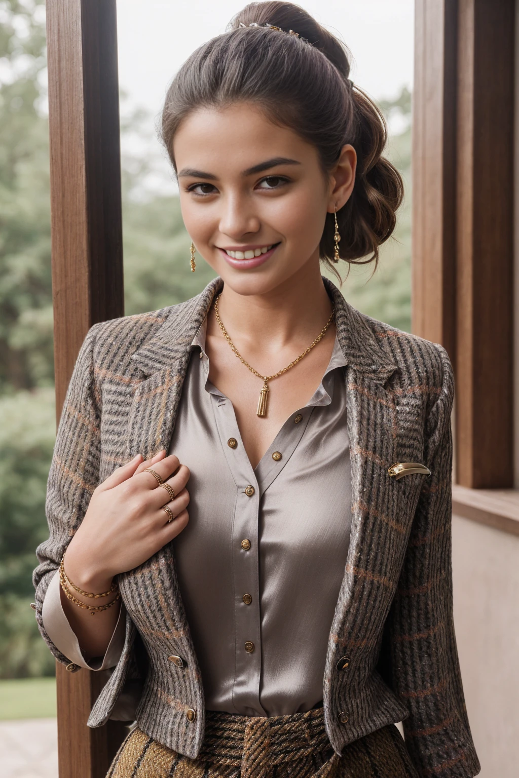 Half-length glamour portrait, nikon D850, f1.6 lens, 200mm, DSLR, 22 Megapixels, (((Colonial-style villa scene))), shot of a stunning 20 years old portuguese girl, (smile:1.4), (wearing Tweed blazer with skirt and medium gray silk shirt:1.6), ((seductive pose)), hot girl, (((big natural breasts))), (((brown ponytail hair))), (small girl), symmetrical face, photorealistic, photography, (bright natural lighting), gorgeous, deep cleavage, (masterpiece), best quality, high resolution, extremely detailed, cinematic lighting, (((very narrow waist))), rich colors, hyper realistic, lifelike texture, ((jewelry)), (((She has beautiful hands and wears rings))), (bracelet), (necklace), (ankle chain), (nail polish) (earrings), Fuji Superia 200, 8k
