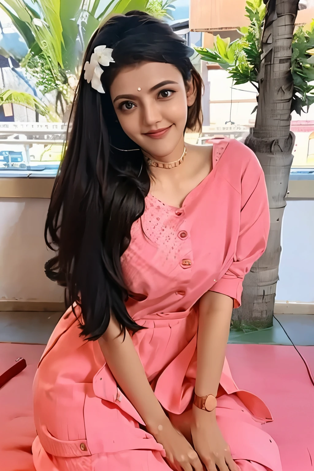 Generate a realistic Indian women 8k image, age between 22 to 25, white body, pink pussy, fatty body, weight between 150 to 170 kg, without clothes, fully nude, show her body from head to leg, big  size, brown nipples, red lipstick, a golden necklace on her neck, hair close with rubber band, black eyes, a beautiful smile on her face.