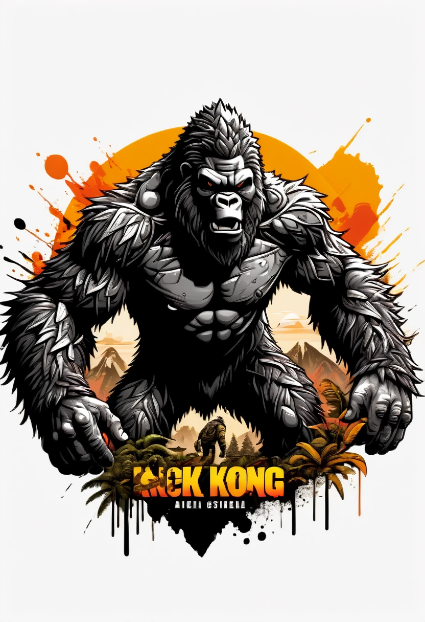 (((white background))), (((SPLASH ART))) intricately detailed t-shirt design ready for print , 2d, ONE HUGE black angry full body KING KONG in foreground Jungle mountains peeks sunset at the background, vibe detailed design for streetwear and urban style t-shirts design, pro vector, (cel-shading style:1.3), inkpunk, (ink lines:1.1), strong outlines, bold traces, high contrast, (cel-shaded:1.1), vector, 32k resolution, best quality,, flat lights,vector t-shirt art ready for print, intricate rich extremely complex ornaments illustration, extremely detailed and complex illustration, high detail, clean lines style, intricate high details, (((white plain background)))