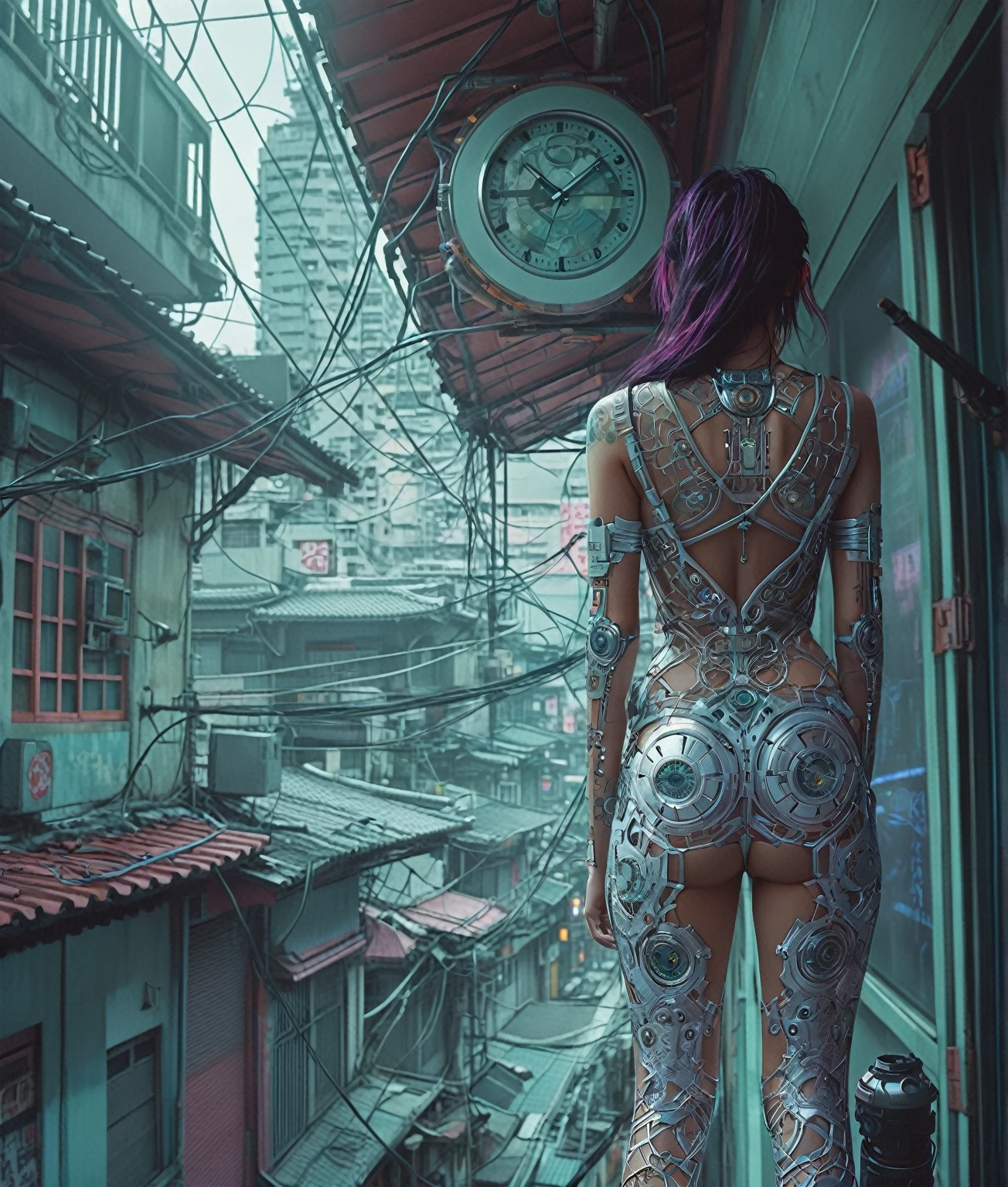 il y a une femme qui se tient sur un balcon avec une horloge, Style cyberpunk ， hyperrealistic, dans la ville cyberpunk, dans une ville cyberpunk, body cyberpunk, hyper-realistic Style cyberpunk, Cyberpunk aesthetic, style like a ghost in the shell, style artistique cyberpunk, dans une ville cyberpunk futuriste, belle fille cyberpunk, ultrarealistic cyberpunk art 8k, photo cyberpunk, Cyberpunk Hiroshima