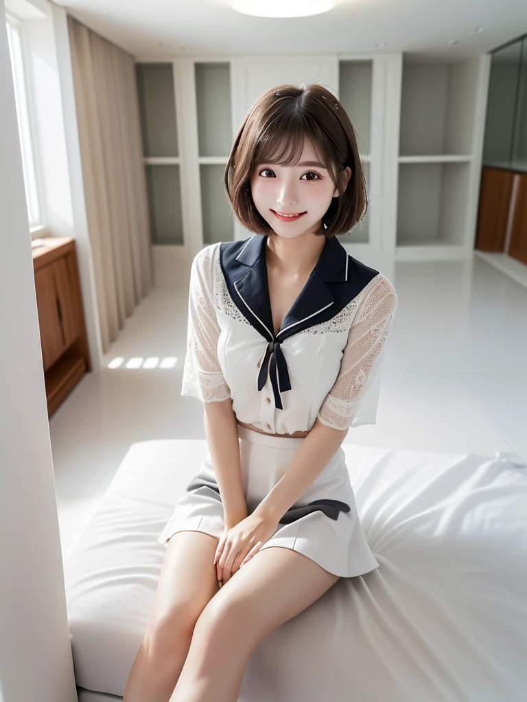 (Highest quality、masterpiece:1.9)、((Neat and clean female college student、1 person))、Soft lighting by a professional photographer、Natural light、((Very spacious white luxurious room:1.6))、((Bright white room:1.6))、(Sitting on a very luxurious white bed:1.2)、(White Bookcase:1.1)、Natural soft light、((Black Hair:1.1))、Fair skin、Detailed Eyes、double eyelid、Slightly puffy cheeks、((Small Face:1.0))、((Check One Piece、Grey mini skirt、Please wear it with the chest open.:1.1))、(smile)、((Girly pose 1.8))、High resolution,、((Short Hair:1.2))、((Full Body Shot:1.2))、Live-action image quality、((Height: 150cm))、Hands in front、Hide your hands between your legs、(bangs:1.1)、
