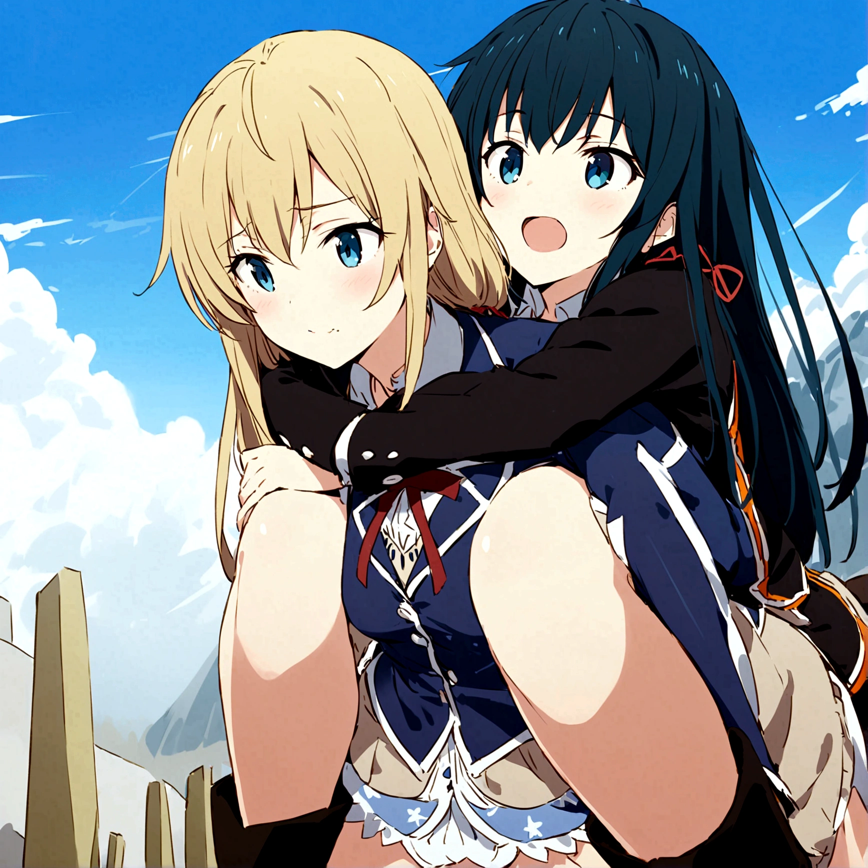 ((highest quality)), ((masterpiece)), (be familiar with), two girls,Facing each other,My chest is touching,perfect face,Erotic,Japanese idol,((Land of Gems)),mini skirt,Cat ear,Breast exposure,Nipple exposure,two girls touching each other's breasts,butt exposure,Sensual,blushing,shy face,above the sky,flying,outdoor,over the sky,cloud