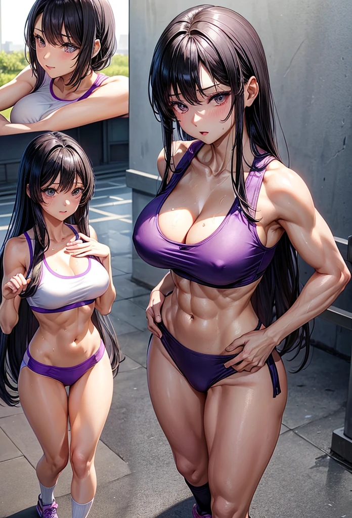 beautiful girl、Big Breasts、Black Hair、Long Straight、Great style、Nice body、Abdominal muscleuscular、Training Gym、Sports Bra、Light purple bra top、Cleavage、Light purple bikini pants、Beautiful buttocks、Toned Legs、Are standing、The whole body is visible、Sweaty skin、White training socks、shoes、One girl、Muscle Pose