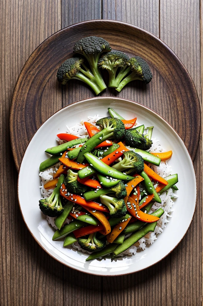 "Create an ultra-realistic image of a vegetarian dish featuring a vibrant vegetable stir-fry with bell peppers, broccoli, snap peas, carrots, and mushrooms over jasmine rice. Garnish with cilantro and sesame seeds, with a drizzle of soy sauce and a lime slice on a white plate. Use a rustic wooden table and soft, natural lighting."