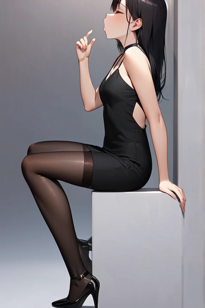 ((Best quality)), ((masterpiece)), (detailed), draw a girl in a tight black dress with heels and stockings as she sucks a white dick