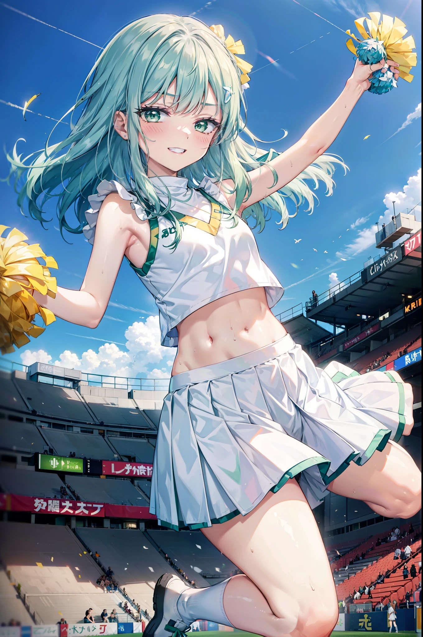 index, index,Silver Hair, (Green Eyes:1.5),Long Hair, (Flat Chest:1.2),Grin,tooth,Daytime,Clear skies,
,(cheer leading), (whole body), Lower, (Sweaty), Sweaty Wet Clothes, (White clothes),No sleeve, Pleated skirt,Black socks,sneakers, Belly button support, playground, (Jump), (Jump), 足を曲げてJumpする, air, blue sky, Grass原, smile,Cheerleader, Pom-pom \(cheer leading\)have, Grass, smile, whole bodyがイラストに入るように,
break looking at viewer, whole body,(Cowboy Shot:1. 5) ,
break indoors, Stadium,crowd, people々々,
break (masterpiece:1.2), Highest quality, High resolution, unity 8k wallpaper, (shape:0.8), (Fine and beautiful eyes:1.6), Highly detailed face, Perfect lighting, Highly detailed CG, (Perfect hands, Perfect Anatomy),