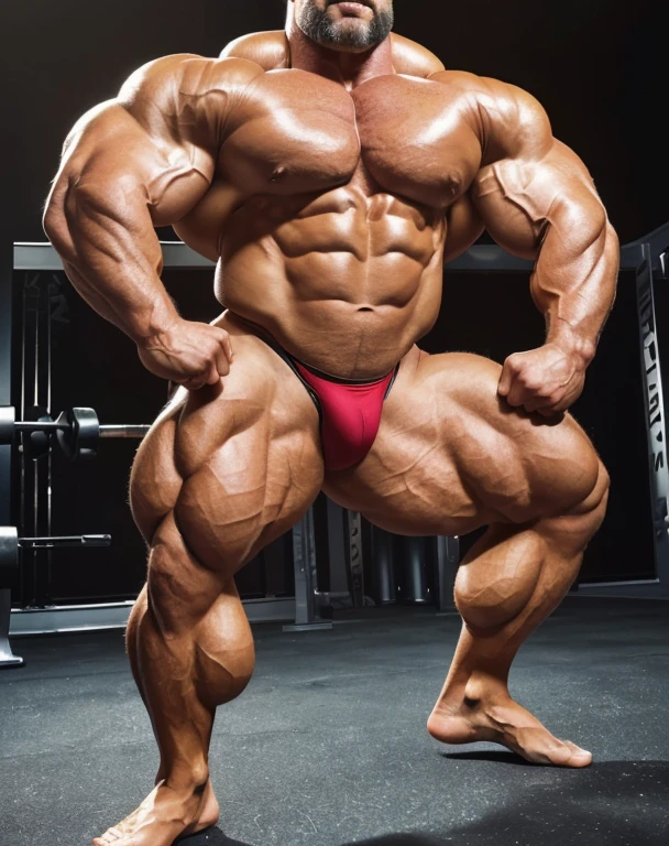 A ((powerful bodybuilder, as bodybuilder Markus Ruhl)), ((aged 55 years old)), ((exaggerated muscular thick body physique)) clad in (( thong outfit)) exuding confidence as (((he strikes a astonishing fullbody bodybuilder glutes hamstrings pose pose))). He is stroked and bulge. ((His body is really trully oustrageous muscled)). (((His remarkable physique add to his commanding presence.))) ((Captured in stunning 4K detail)), this scene ((showcases his awe-inspiring physique with precision and dynamism, emphasizing the highlighting and shadows, vitality, and energy of his physique.))