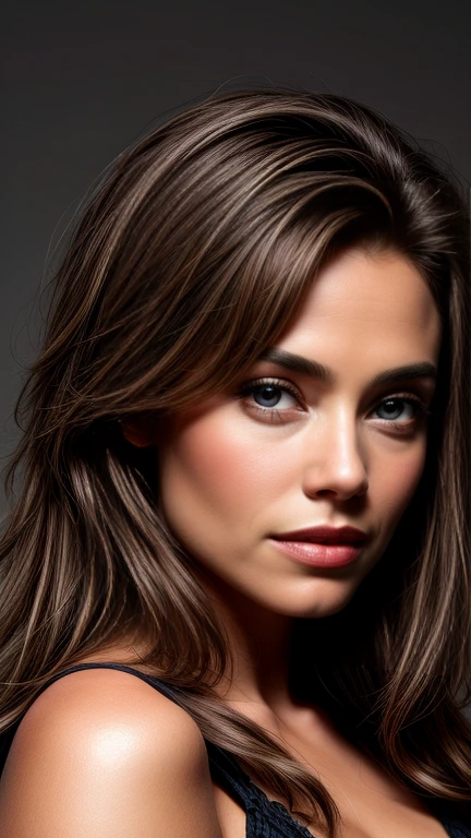 Go to Toto. Femme fatale. portrait. close-up. Beautiful young girl. brunette. Gray background
