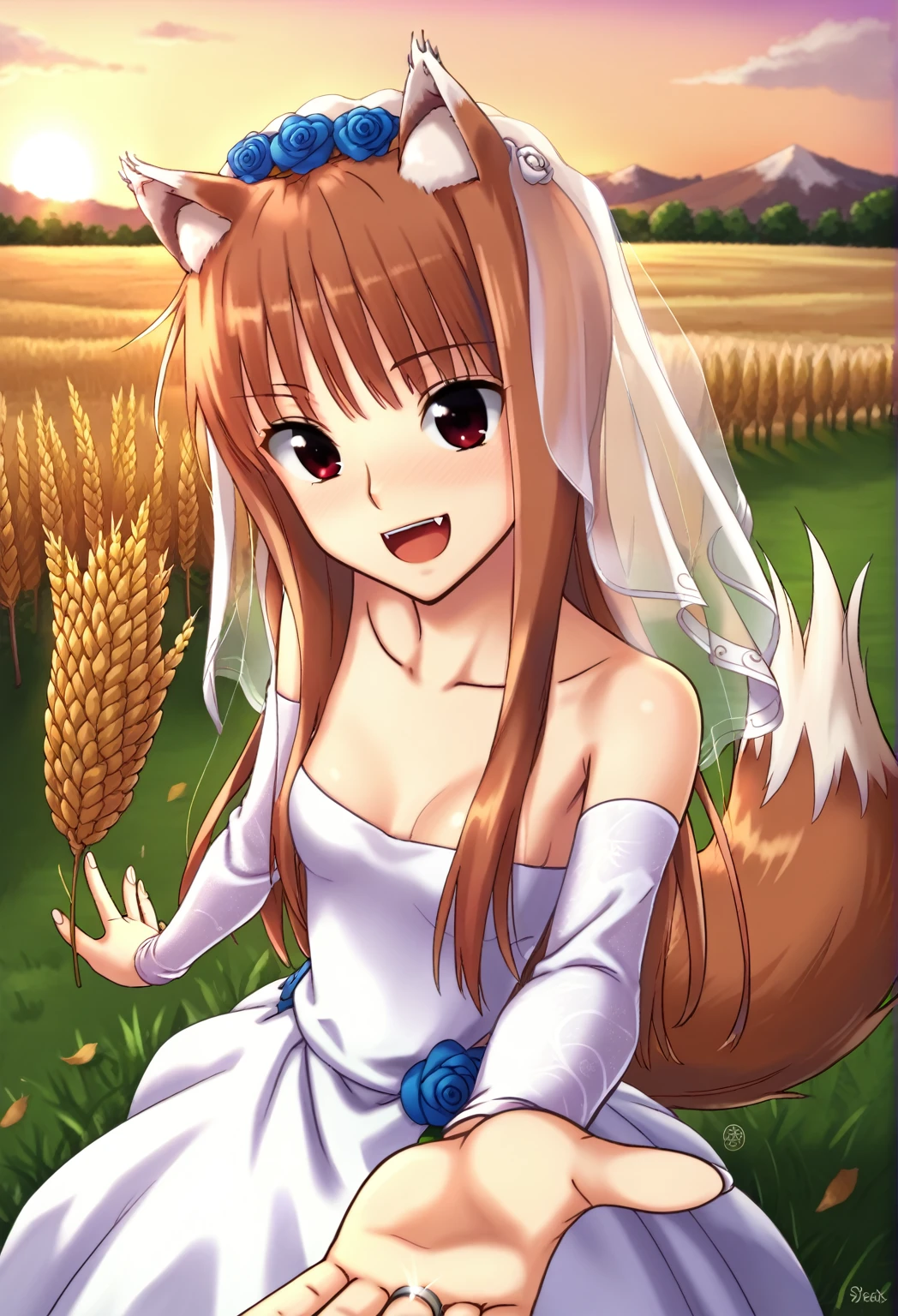 score_9, best quality, masterpiece, uncensored, source_anime
BREAK
1girl, solo, standing, holo \(spice and wolf\), wolf girl, wolf tail, wolf ears, wheat field, detailed background, evening, ((wedding dress, wedding veil)), wedding ring, pov, smile, open mouth, upper fang