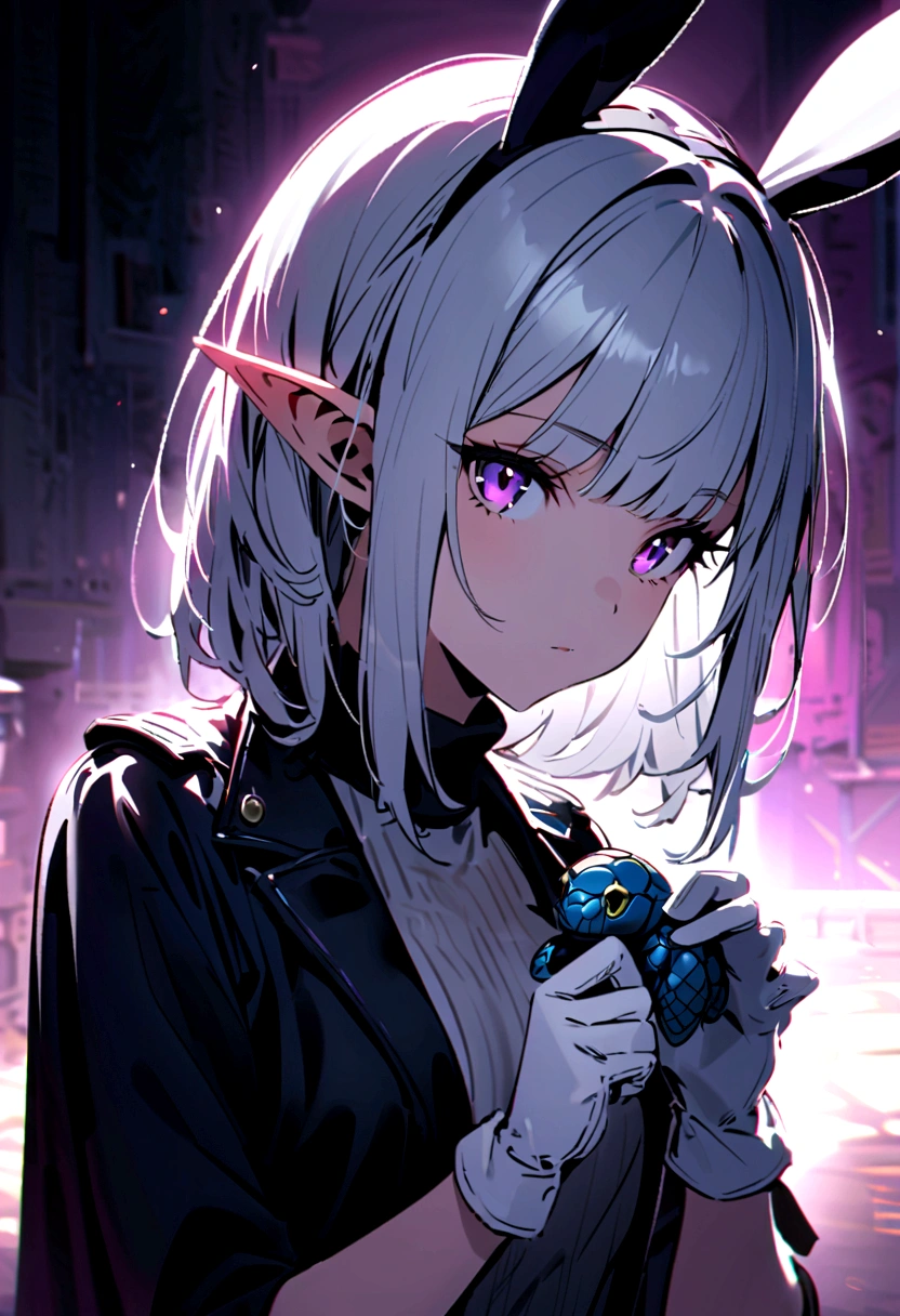 A beautiful elf girl with deep purple eyes and short white hair and bangs,wears a black short sleeveless with a black jacket hanging over her shoulder and wears a pearl turtle neck with white gloves on her hands,also has rabbit ears