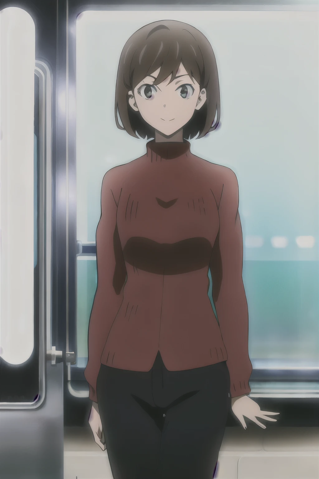 masterpiece, key visual, 1girl, Yumeno_kyusaku, black eyes, Short hair, Flat breasts, Casual clothes, smile, Take a walk at the aquarium, Looking at the fish behind the glass