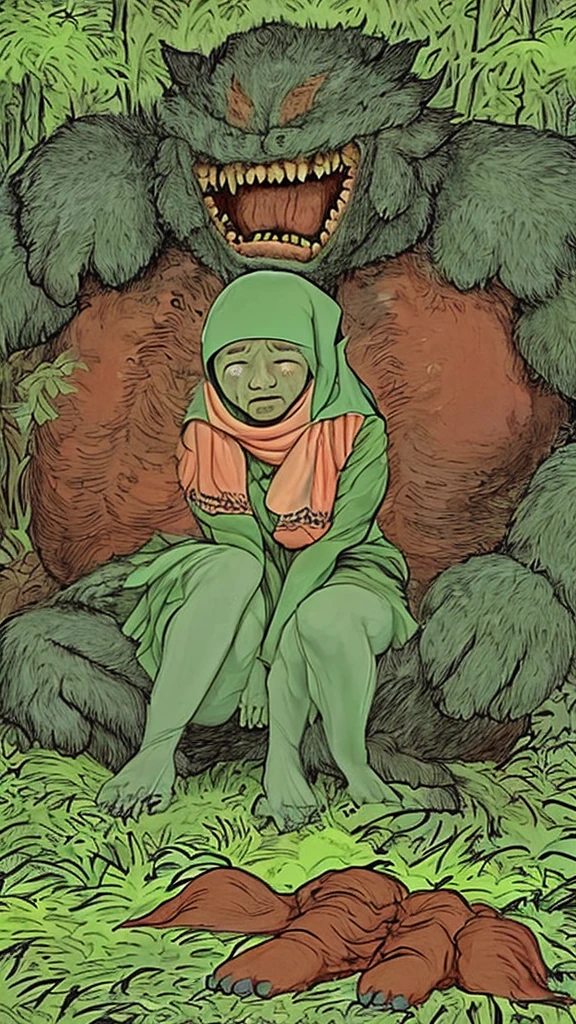 Please draw a malay woman crying in the middle of forest, near a big monster, in malaysia year 1500.