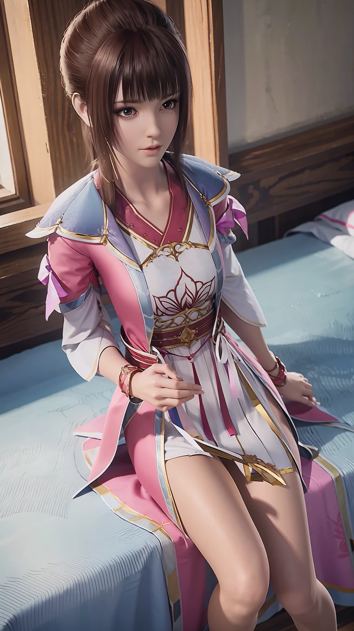 A beautiful young 16 year old girl lying on a pink bed, facing up with slightly raised legs, highly detailed, photorealistic, 4k, 8k, cinematic, full body, long legs, large breasts, lying on the bed, shoulders exposed, shoulder-length dress, head resting on pillow, fully reclined on the bed