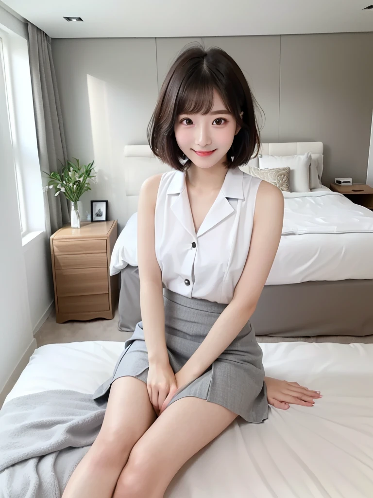 (Highest quality、masterpiece:1.9)、((Neat and clean female college student、1 person))、Soft lighting by a professional photographer、Natural light、((Very spacious white luxurious room:1.6))、((Bright white room:1.6))、(Sitting on a very luxurious white bed:1.2)、(White Bookcase:1.1)、Natural soft light、((Black Hair:1.1))、Fair skin、Detailed Eyes、double eyelid、Slightly puffy cheeks、((Small Face:1.0))、((Check One Piece、Grey mini skirt、Please wear it with the chest open.:1.1))、(smile)、((Girly pose 1.8))、High resolution,、((Short Hair:1.2))、((Full Body Shot:1.2))、Live-action image quality、((Height: 150cm))、Hands in front、Hide your hands between your legs、(bangs:1.1)、