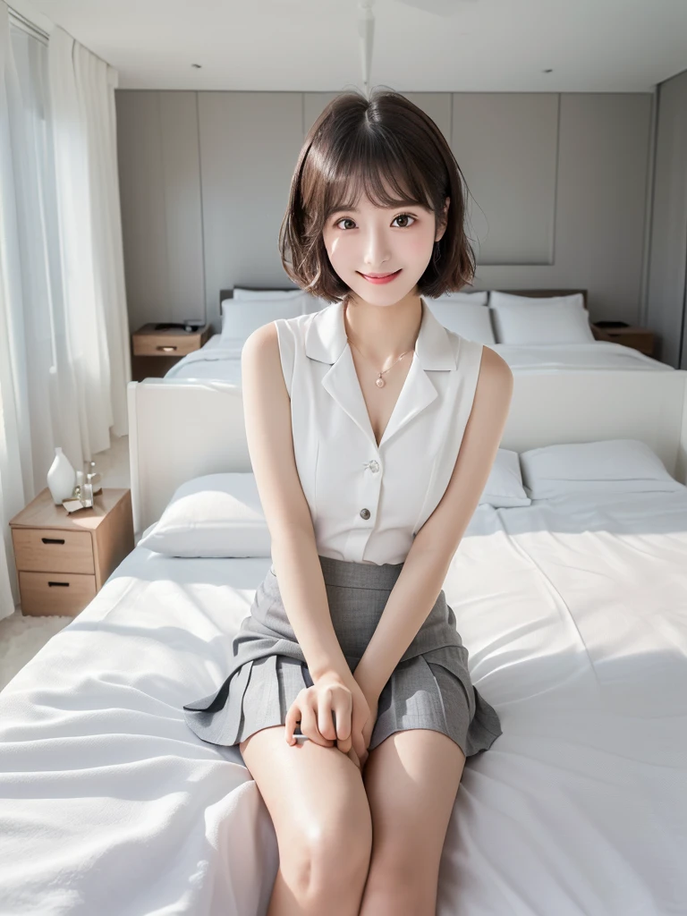 (Highest quality、masterpiece:1.9)、((Neat and clean female college student、1 person))、Soft lighting by a professional photographer、Natural light、((Very spacious white luxurious room:1.6))、((Bright white room:1.6))、(Sitting on a very luxurious white bed:1.2)、(White Bookcase:1.1)、Natural soft light、((Black Hair:1.1))、Fair skin、Detailed Eyes、double eyelid、Slightly puffy cheeks、((Small Face:1.0))、((Check One Piece、Grey mini skirt、Please wear it with the chest open.:1.1))、(smile)、((Girly pose 1.8))、High resolution,、((Short Hair:1.2))、((Full Body Shot:1.2))、Live-action image quality、((Height: 150cm))、Hands in front、Hide your hands between your legs、(bangs:1.1)、