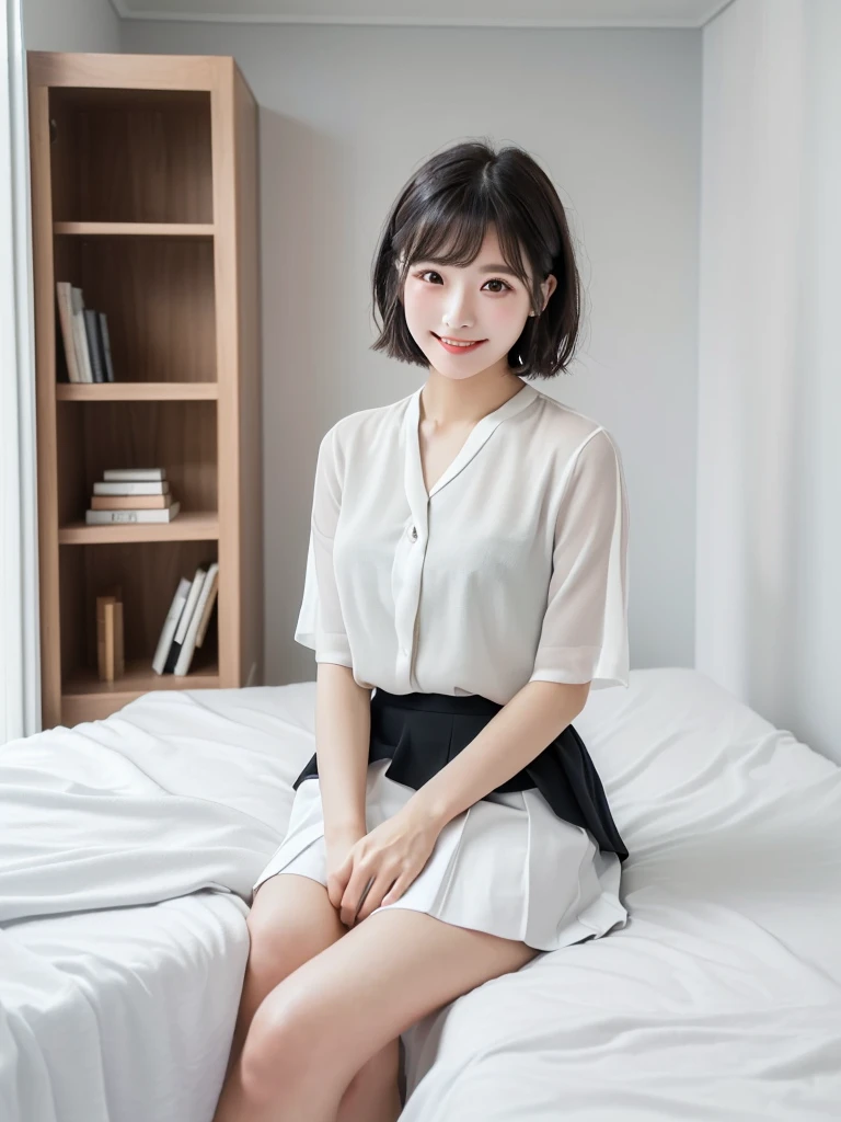 (Highest quality、masterpiece:1.9)、((Neat and clean female college student、1 person))、Soft lighting by a professional photographer、Natural light、((Very spacious white luxurious room:1.6))、((Bright white room:1.6))、(Sitting on a very luxurious white bed:1.2)、(White Bookcase:1.1)、Natural soft light、((Black Hair:1.1))、Fair skin、Detailed Eyes、double eyelid、Slightly puffy cheeks、((Small Face:1.0))、((Check One Piece、Grey mini skirt、Please wear it with the chest open.:1.1))、(smile)、((Girly pose 1.8))、High resolution,、((Short Hair:1.2))、((Full Body Shot:1.2))、Live-action image quality、((Height: 150cm))、Hands in front、Hide your hands between your legs、(bangs:1.1)、