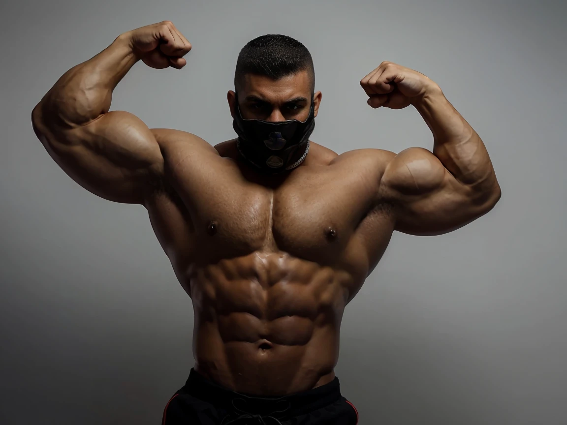 bodybuilding physique, A muscular man with a strong build. He has a well-defined jaw and a serious expression. Su piel es clara, y tiene barba corta. Boxeador o karateka, pose de karate, pose de boxeo, only pants, hermoso rostro,lleno de luz,Una mirada decidida, corte militar, ruso, background ciudad apocaliptica, luchando contra zombies, punches against zombies, sneaker mask, gafas de sol, torso peludo, cara mirando a otro lado, no background vacío