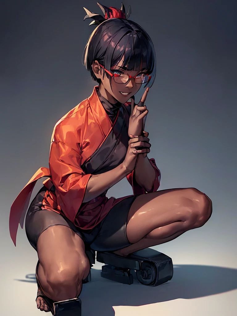(flat chest), (masterpiece:1.2), highest quality, High resolution, unity 8k wallpaper, (fine and beautiful eyes:1.6), highly detailed face, perfect lighting, Detailed CG, (perfect hands, perfect anatomy), (1 boy solo:1.4), 20 years old, black hair, extremely beautiful detailfeminine face and eyes, (evil smile:1.4), detailed eyes, best quality,(very dark skin:1.8), (turtleneck shirt under yukata:1.2), (bike shorts:1.2), extremely detailed, very precise detailed, (glasses:1.3), blunt bangs, open mouth, (very short pixie cut:1.2), boots,(fingerless gloves:1.2), smile, half closed eyes,long sidelocks,(long red Scarf),(yukata),(squatting),(acrobat pose:1.3),(squat:1.3),(one knee dwon:1.5),(put one foot in front:1.3) ,(index fingers up:1.6),(own hands clasped:1.8), spread legs,