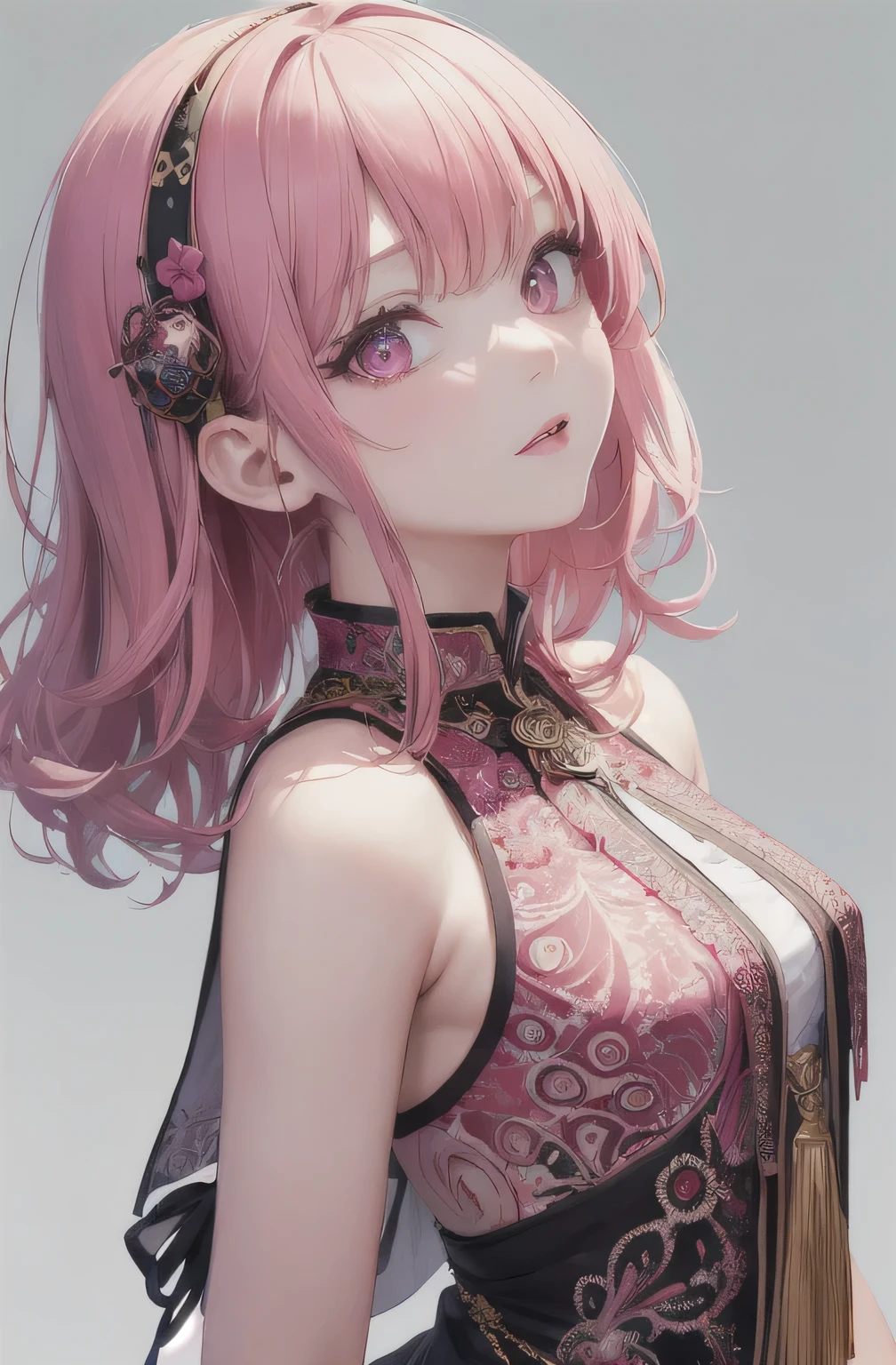 (masterpiece, top quality, best quality, official art, beautiful and aesthetic:1.2), (1girl), extreme detailed,(fractal art:1.3),colorful,highest detailed,pink hair,pink eyes,,White T-shirt,Jitome,Face Shot