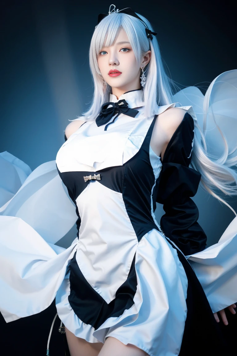 best quality, tmasterpiece,Ultra-high resolution,Clear face,(Reality:1.4),ferpect lighting,(upper body shot:1.5), (photorealistic:1.50), anime wallpaper, Guviz style artwork, cover-up fantasy up to magic , by Yang J, Guviz, beautiful artwork illustration, beautiful digital artwork, beautiful digital illustration, Li Song, beautiful anime portrait, art style in Beauvot, 1 girl, solo, pale skin, perfect body, shiny skin, killer, shenhe \(genshin impact\), (hair above one eye), long hair, tassels, gloves, (maid dress), tassel earrings, (close photo -up: 1.1), (super giant breasts), (arms behind back), white hair, (hair ornament), (hair ornament),maid outfit,