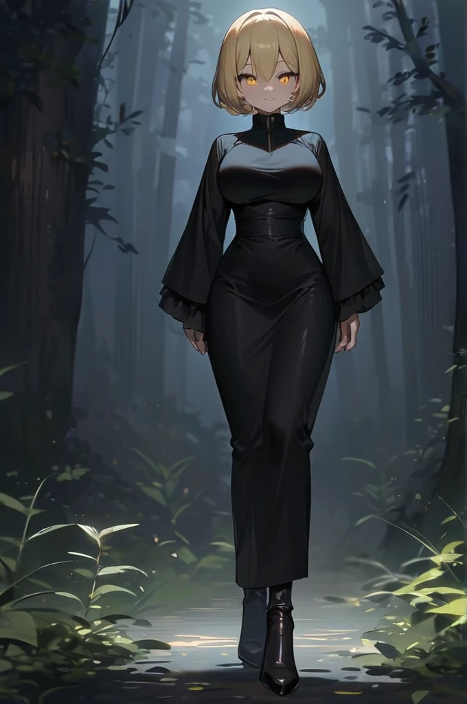 ((Best quality)), ((masterpiece)), (detailed), a blonde girl with short hair, short stature, with big breasts, yellow eyes, dressed in a tight black robe, high-heeled shoes, black panties, with a malicious smile wanders through the dark forest at night. front view.