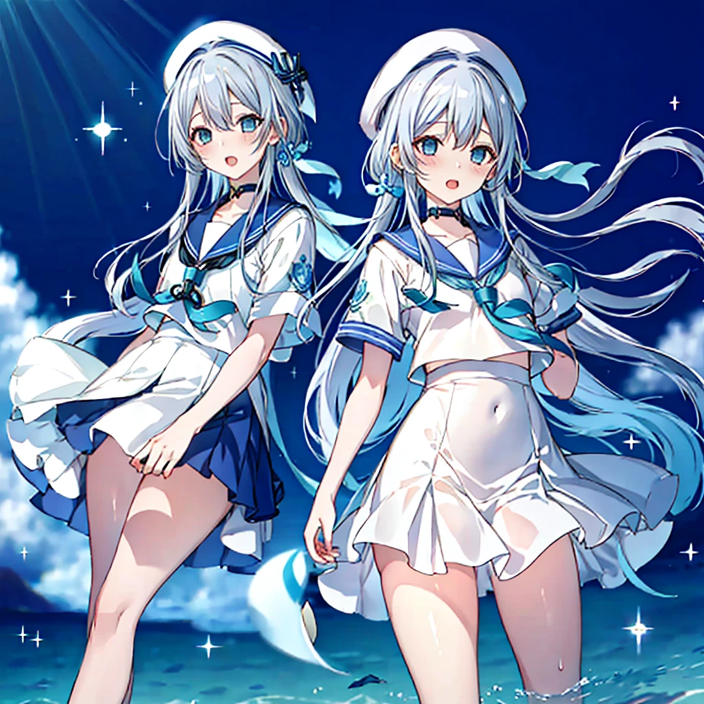 (8K, Highest Quality, Best of:1.3)), Ultra HD, (2 Girls, Duo), (Color Changing Eyes, Super Detailed, Expressive Sparkle, Sparkling Eyes), Very Detailed Eyes, Very Detailed Face, Random Hair, (Silver Grey Color), Exposed, 2 People Side by Side, Cheerleader, (Cute Panties:1.3), (Ecstatic Expression:1.6), White Skin, Seductive, Cleavage, Wet Panties, Bedroom, Touching Pussy