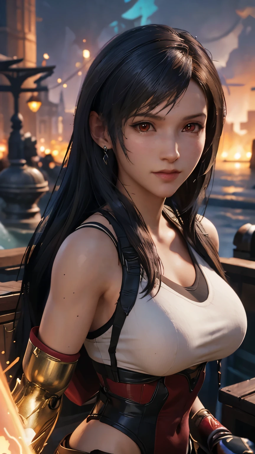 (final fantasy Tifa Lockhart, One girl, alone, big bouncing bust), complicated, elegant, Very detailed, Digital Painting, Art Station, Concept Art, Smooth, Sharp focus, figure, ArtJam、Greg Rutkowski、Alphonse Mucha、William Adolphe Bouguereau、Art by Stephanie Law , Magnificent royal background, large crown, Royal Jewels, robot, nature, Full Shot, Symmetric, Greg Rutkowski, Charlie Bowwater, Beep, Unreal 5, Surreal, Dynamic Lighting, Fantasy art, complicatedな色, Colorful magic circle, flash, lightning, light, Shining Castle