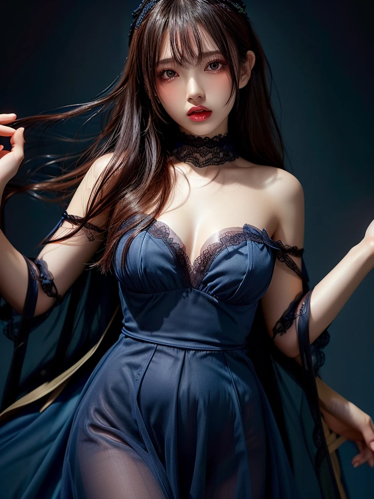 Black background、Professional Lighting、(((Professional Lighting 1.5)))、Translucent skin texture、Sheer skin、Beautiful Skin、、Off the shoulder、Navy Blue Dress、Ecstasy of Musical Notes、