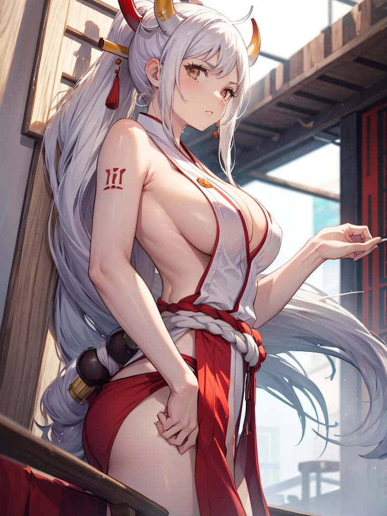 yamato, white hair, brown eyes, (from side), leaning forward, (sideboob), (hanging breasts), ((large breasts)), 