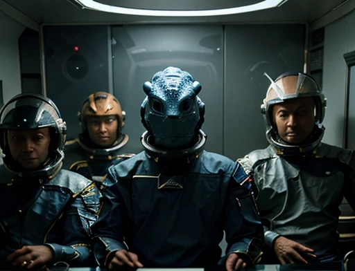 The 5 astronauts wearing space suits are in front of the creature observing , The humanoid being is a hybrid of a lizard and a fish, this being is watching, fotografia de Corpo completo imagem de corpo inteiro. Environment overview.