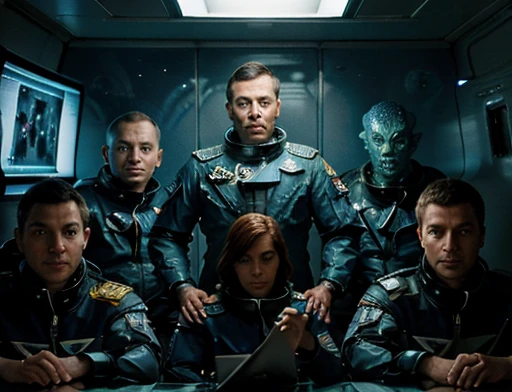 The 5 astronauts wearing space suits are in front of the creature observing , The humanoid being is a hybrid of a lizard and a fish, this being is watching, fotografia de Corpo completo imagem de corpo inteiro. Environment overview.