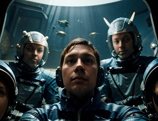 The 5 astronauts wearing space suits are in front of the creature observing , The humanoid being is a hybrid of a lizard and a fish, this being is watching, fotografia de Corpo completo imagem de corpo inteiro. Environment overview.