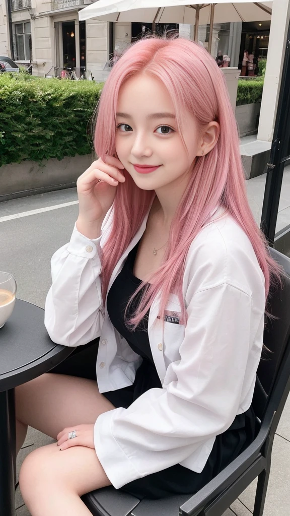 Masterpiece、４K、looking at the camera、Photographed from the front、（Cute smile 1.6）Close-up shot、18-year-old female、Bright pink hair、mediumhair、｟Forehead｠、Fashion Model、Cafe Terrace、Instagram、Cute woman、