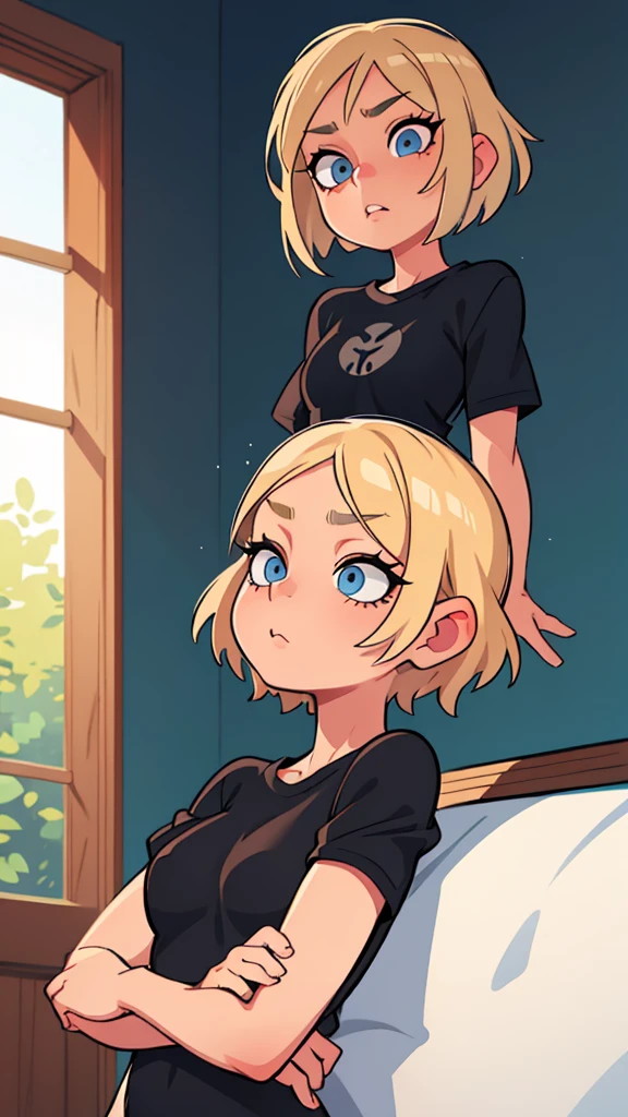 Blonde girl with hair reaching to her shoulder Blue eyes in a black T-shirt Gorgeous eyelashes 