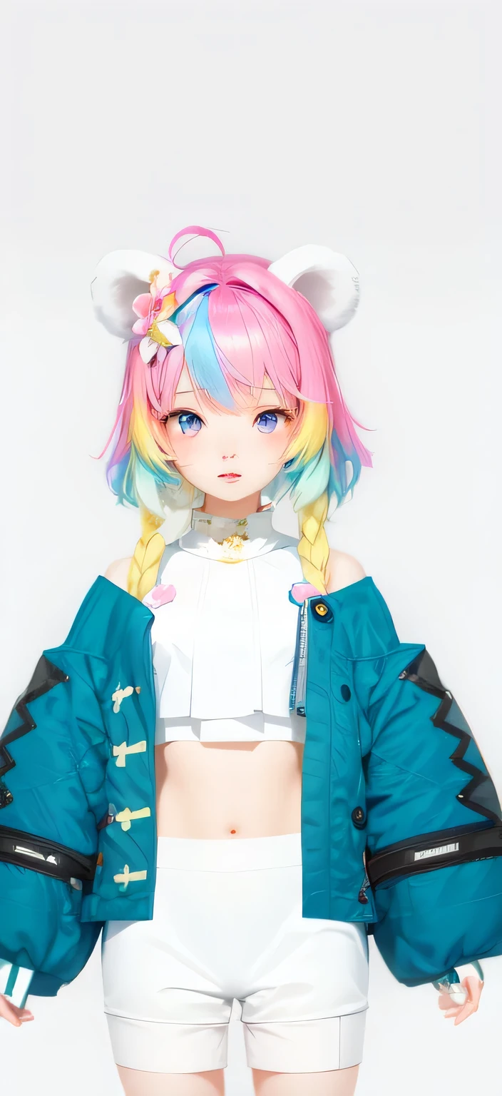 realistic, 1girl, colorful hair, white bear ears, blue and pink eyes, glowing eyes, white crop top, skirt, parted lips, blush, night, flowers, sun, sunlight, cute pose.