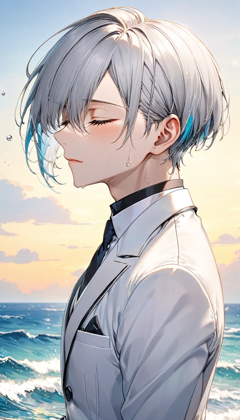 (profile:2), (love style) (( yo)), (solo:2 crew cut silver hair very short hair divine cool boy, serious closed eyes, sweaty skin), break, (in a butler suit), break, (in the open ocean view beach), (background detailed ocean), BREAK, perfect anatomy, masterpiece, best quality, 16k, beautiful detailed grow, daydreaming expression.