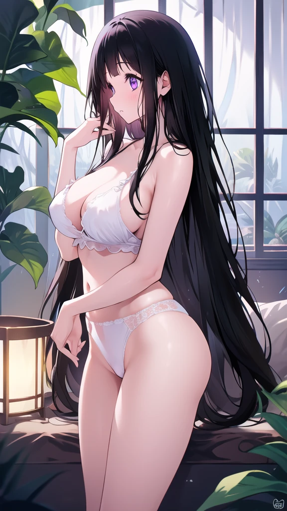 Beautiful Chitanda,只有一个beautiful girl,Purple Eyes, Black Hair, Natural straight hair, Straight bangs,Extremely refined,open your lips,Face is so red,Very white skin,Skin as delicate as porcelain,Glowing skin,big eyes,Flowing long hair,beautiful girl, Like a dream,Slim,Slim waist,Soft, (Sensual), (Kawaii), Dream quality,Tropical rain forest at night,Leaves cover the body,Sweaty and sweaty,Profile,Side breasts,Lower breasts,Underwear Rain,Completely naked,Gluteal groove,Completely naked的背部,nacked hip,Bare belly,very close,Deep V neckline,Loose neckline,Beautiful big breasts,No pants,Delicate clavicle,Delicate hands and feet,Bare neck,There is no decoration on the neck,Bare thighs,Exposing the groin,Camel toe,extremely shy,Ultra-high resolution, (masterpiece:1.2, best quality), (Delicate and beautiful eyes: 1.2), (Beautiful and delicate face)