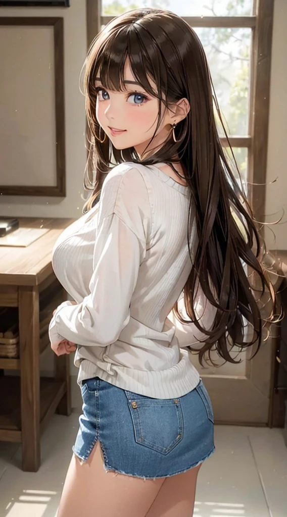 (Tabletop: 1.3), (Maximum resolution: 1.2), (Ultra HDTV: 1.2), Cinematic light, Ultra HDTV, (Fine grain and skin), (Detailed facial features), Hmph, 8k resolution, Sharp focus: 1.2, Perfect Style, Beautiful Face, Perfect body, Accurate, Anatomically correct, Highly detailed face and skin texture, Fine grain, Dark blue eyes, double eyelid, Thin eyebrows, Glitter Eyeliner: 1.2, natural cheeks, Glowing Skin, Fair skin: 1.2, Shiny little necklace and earrings, (Glossy Lips: 1.4), break, First Person View, (She is a very cute female teacher), (sexy lace panties), (Captivating smile: 1.2), ((Pure and cute girl:1.3)), (Long Wavy Hair), (Light Brown Hair:1.2), (Cowboy Shot: 1.2), break, ((Very close relationship: 1.2)), Medium large breasts, ((View your viewers:1.2)), ((at the library:1.2)), ((Bend your knees and open your legs wide:1.2)), (From the side:1.2),Low angle shot,Full Body Shot A light-colored, long-sleeved, tight-fitting sweater Tight mini skirt Embarrassed look Kamimei